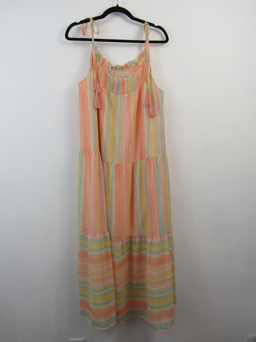 Grace + Karma Maxi Dress Size XL Smocked Striped Colorful Tassel Boho Festival